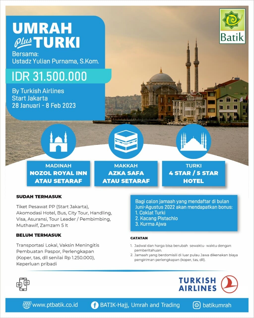 Paket Umroh Wisata Halal - Umroh Turki 2023 - 28 Januari 2023